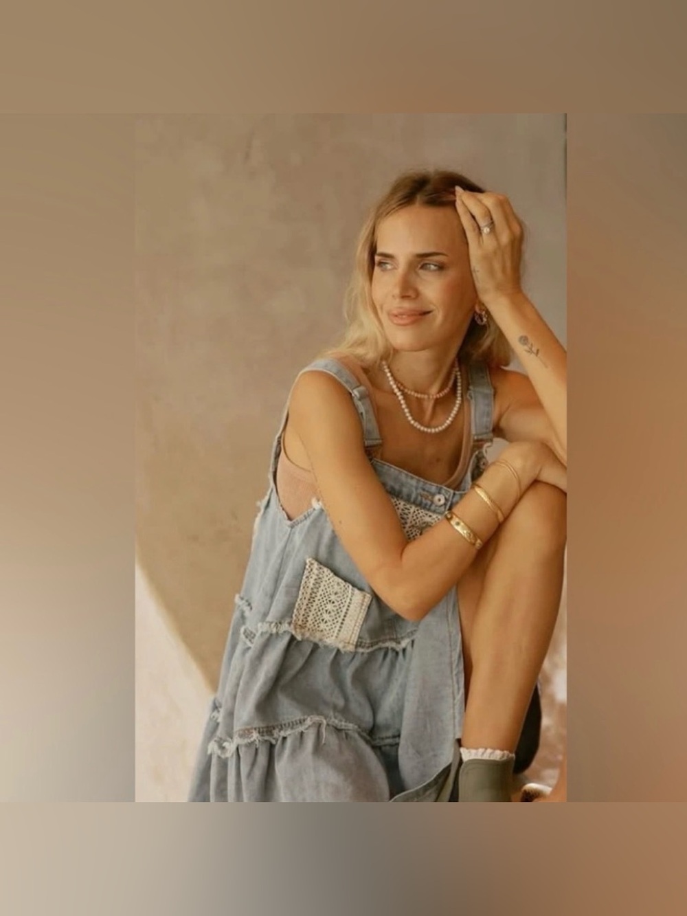 POL Denim Overall Mini Dress Crochet Tiered Boho Jumper Pinafore - Picture 8 of 8
